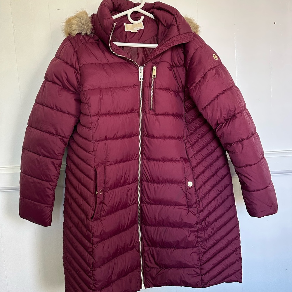Perfect Condition Michael Kors Puffy Coat Jacket Raspberry Maroon Fur Hood